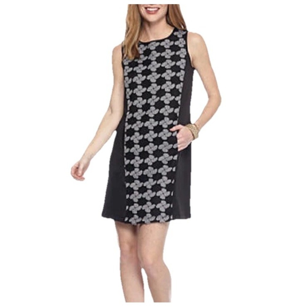 Gabby Skye Black Mesh Gingham Floral Poly/Spandex‎ Shift Dress W/Pockets Sz 10